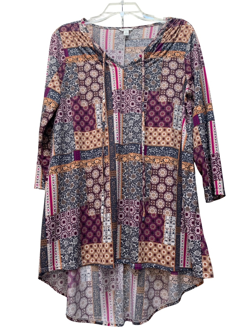 Cato Patchwork Print Tunic in Purple, Tan, Gray